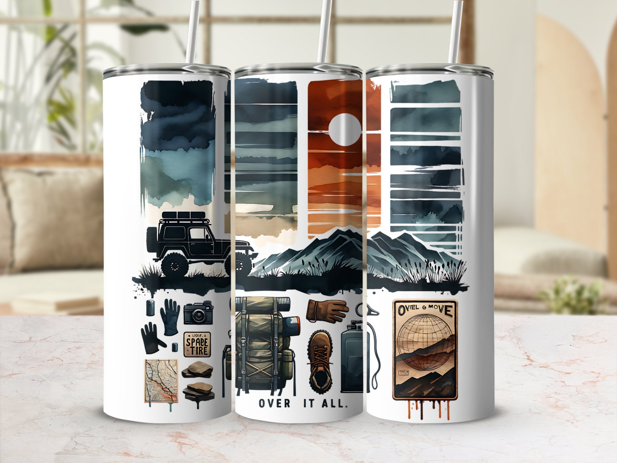 Adventure Themed Tumbler Cups, Mountain and Overland Travel Designs, Unique Illustrated Drinkware Set