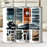Adventure Themed Tumbler Cups, Mountain and Overland Travel Designs, Unique Illustrated Drinkware Set