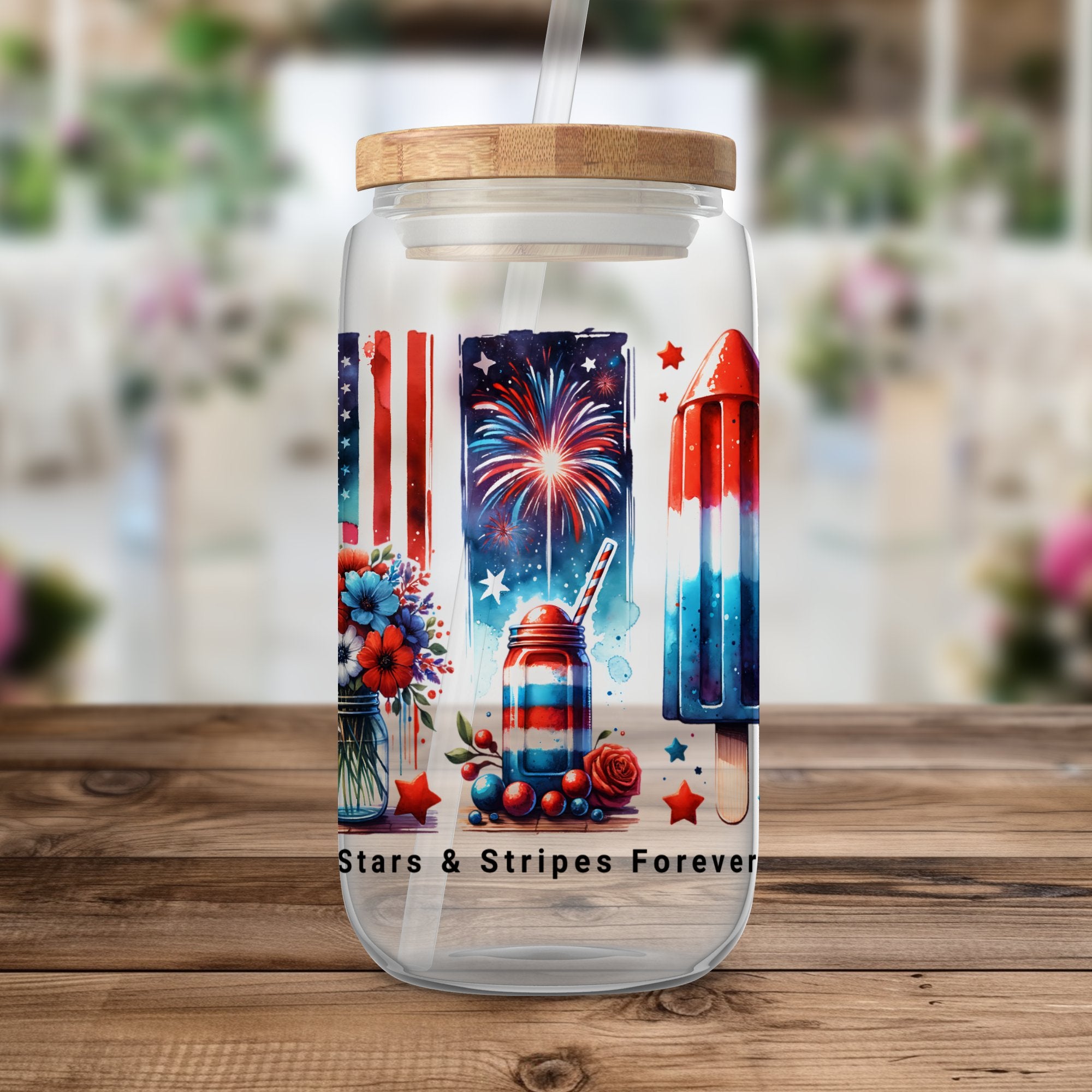 Patriotic Tumbler with Fireworks and Flag Design, Insulated Beverage Holder, Red White Blue Decor, Fourth of July Gift Idea