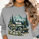 Vintage Jeep Mountain Graphic Sweatshirt, Outdoor Adventure Pullover, Unisex Forest Print Sweater, Casual Hiking Apparel