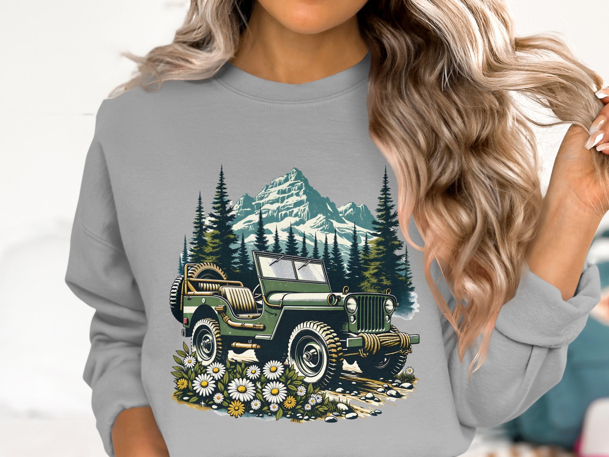 Vintage Jeep Mountain Graphic Sweatshirt, Outdoor Adventure Pullover, Unisex Forest Print Sweater, Casual Hiking Apparel