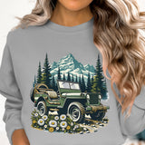 Vintage Jeep Mountain Graphic Sweatshirt, Outdoor Adventure Pullover, Unisex Forest Print Sweater, Casual Hiking Apparel