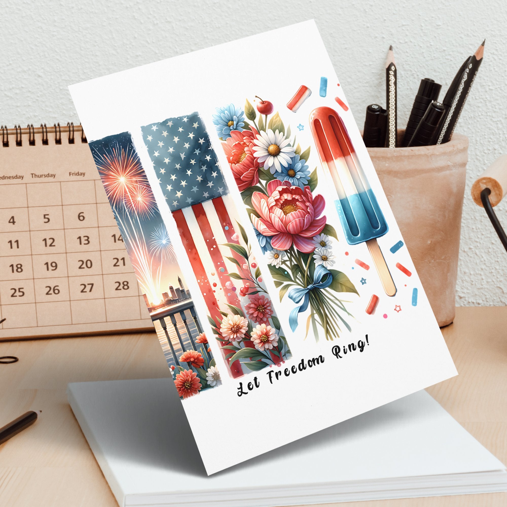 Patriotic Greeting Card, Fourth of July, Floral American Flag, Let Freedom Ring, Independence Day, Stationery, Handcrafted Card with