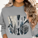 Women's Artistic Music Theme Sweatshirt, Classic Instruments Graphic, Cozy Grey Pullover