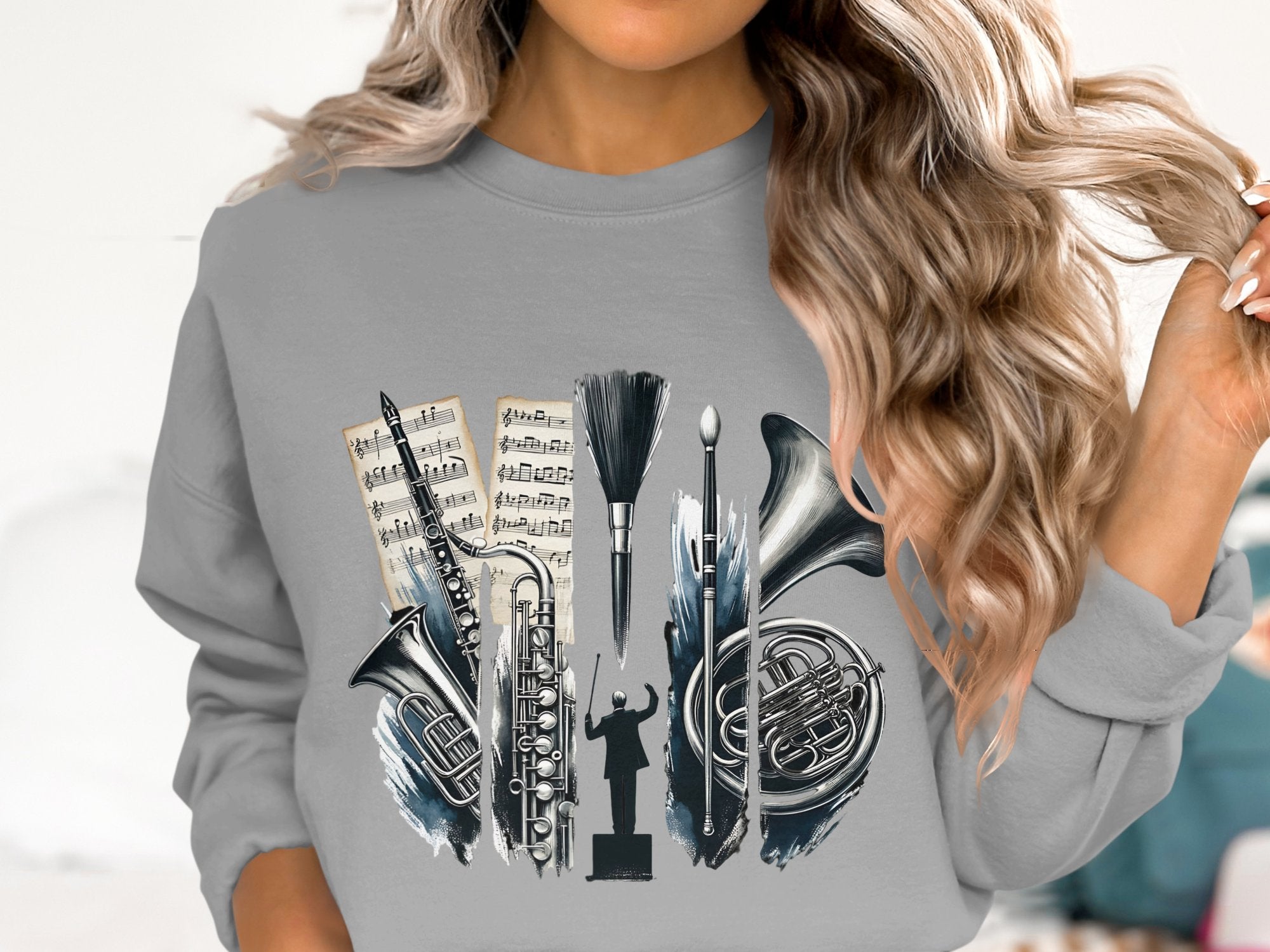 Women's Artistic Music Theme Sweatshirt, Classic Instruments Graphic, Cozy Grey Pullover