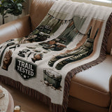 Vintage Camping Throw Blanket, Rustic Outdoor Adventure Woven Tapestry, Trail Tested Design, Cozy Cabin Decor, Gift Idea