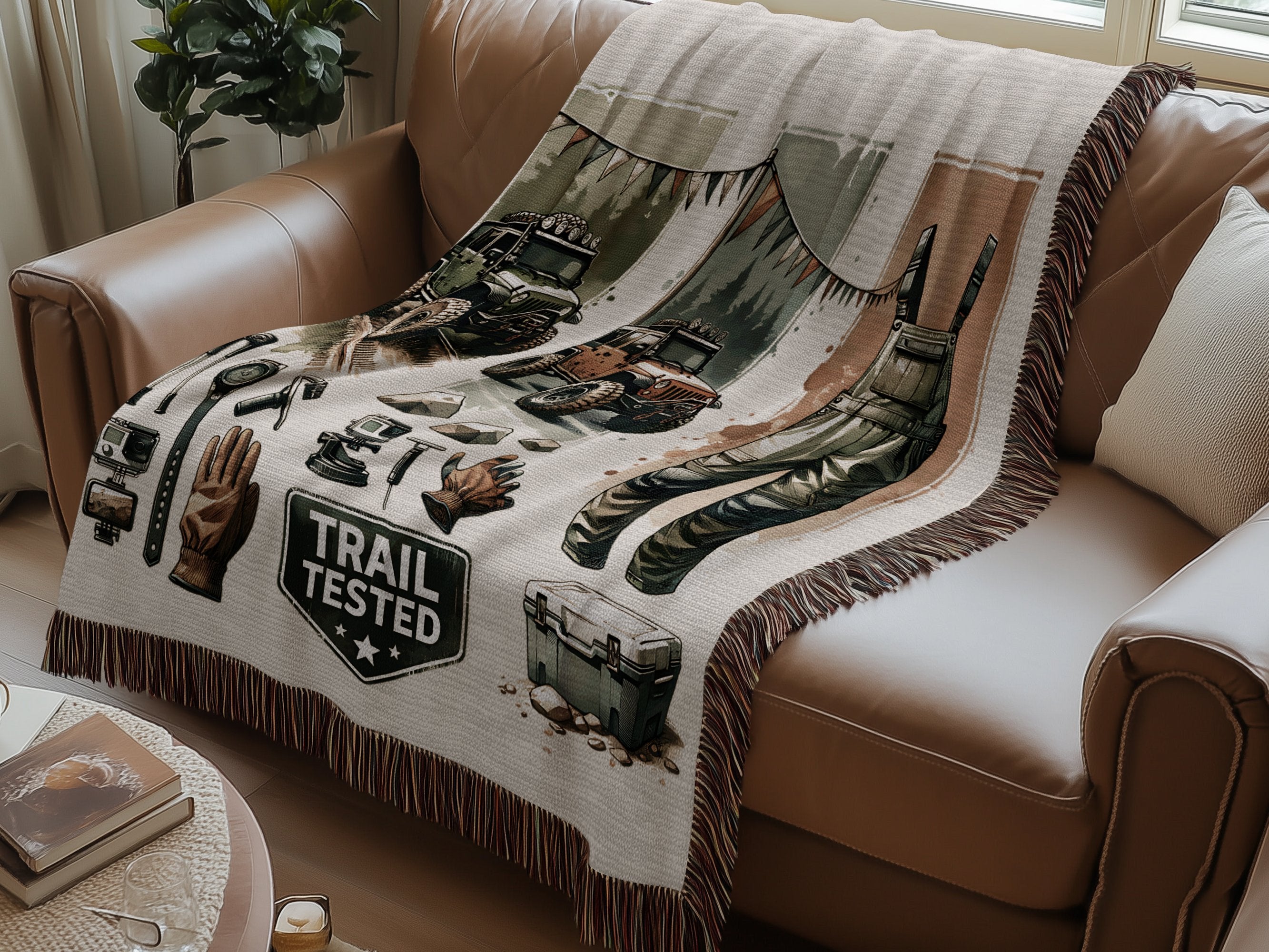 Vintage Camping Throw Blanket, Rustic Outdoor Adventure Woven Tapestry, Trail Tested Design, Cozy Cabin Decor, Gift Idea