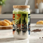 Adventure Travel Mason Jar, Forest and Bike Print, Glass Smoothie Cup with Lid and Straw