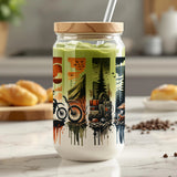 Adventure Travel Mason Jar, Forest and Bike Print, Glass Smoothie Cup with Lid and Straw