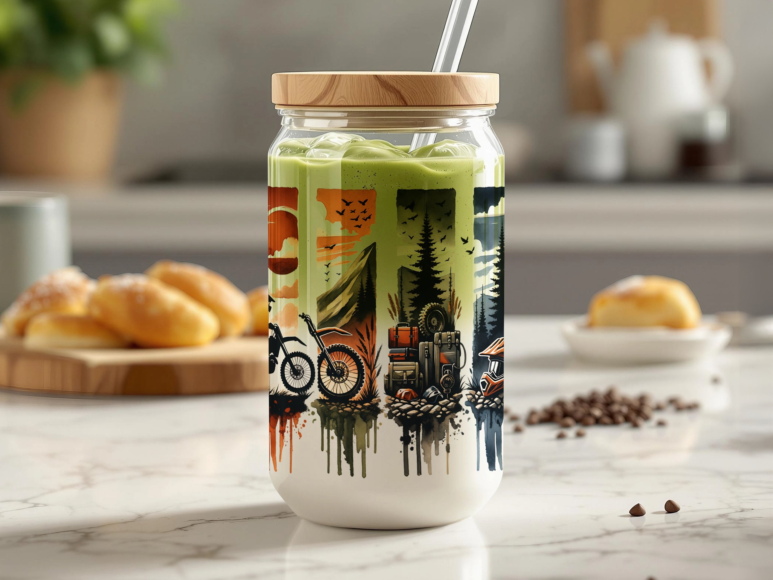 Adventure Travel Mason Jar, Forest and Bike Print, Glass Smoothie Cup with Lid and Straw
