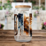 Brass Instrument and Architecture Art Water Bottle, Unique Musical Design, Transparent Drinkware with Wooden Lid