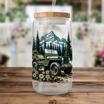 Vintage Jeep Mountain Scene Reusable Glass Water Bottle, Eco-Friendly Travel Drinkware, Adventure Outdoor Gift