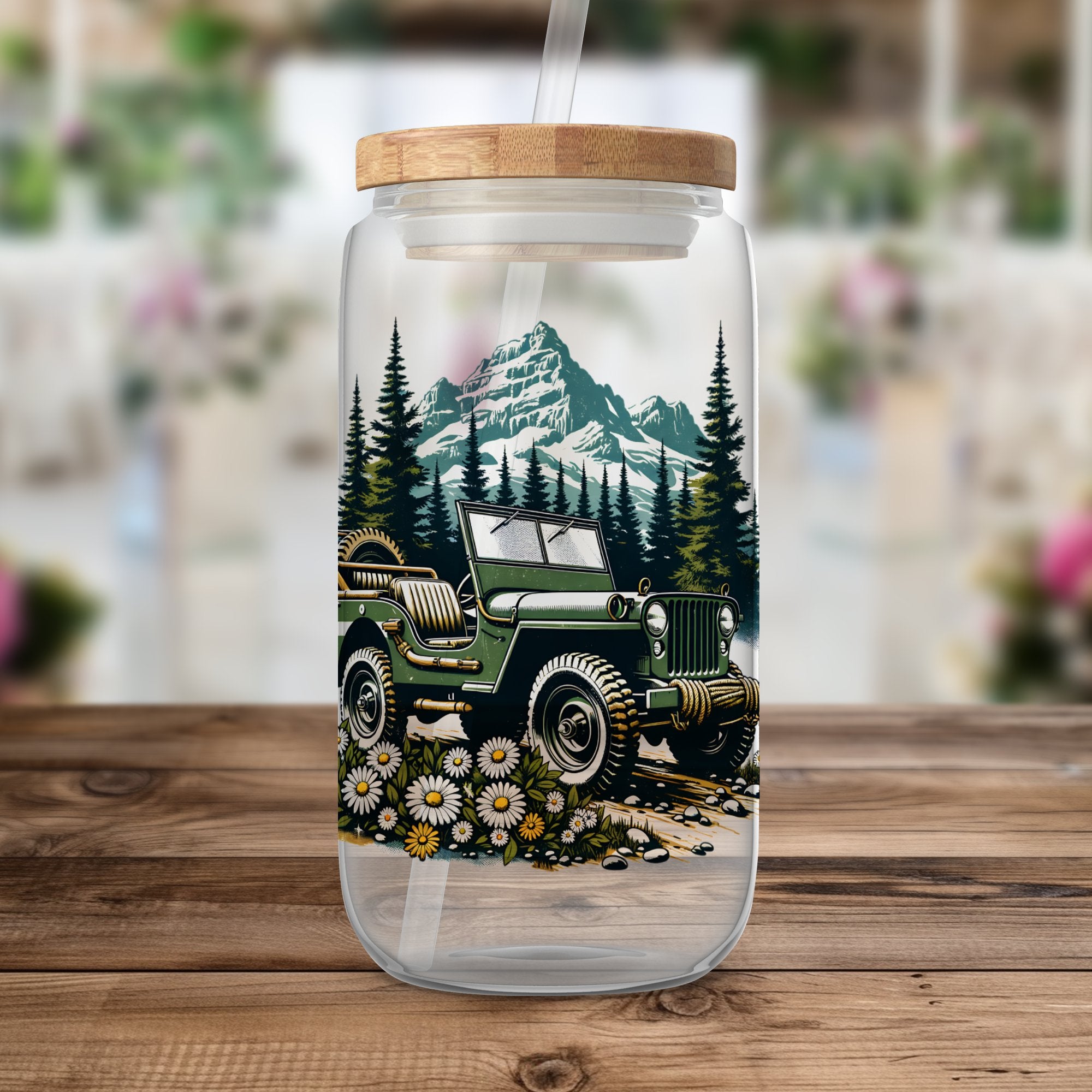 Vintage Jeep Mountain Scene Reusable Glass Water Bottle, Eco-Friendly Travel Drinkware, Adventure Outdoor Gift