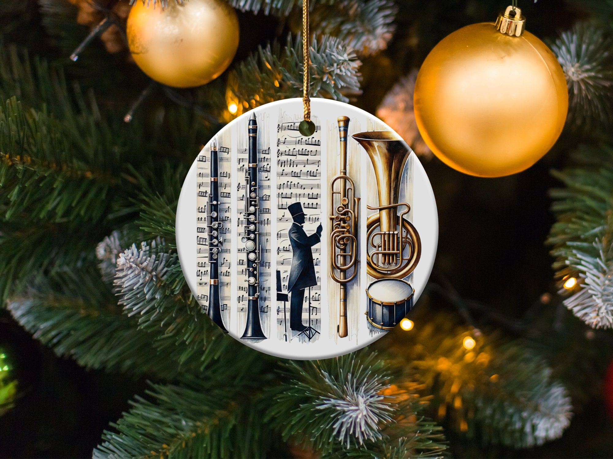 Christmas Tree Ornament with Sheet Music Design, Brass Instrument Motif, Festive Holiday Decor, Unique Gift for Musicians