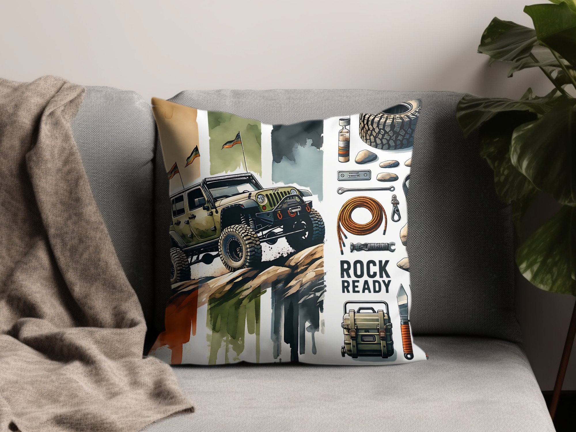 Off-Road Adventure Throw Pillow, Jeep and Camping Gear Design, Decorative Cushion for Living Room or Bedroom