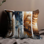 Unique Artistic Throw Pillow, Jazz Trumpet Design, Urban Music and Architecture, Decorative Cushion for Music Lovers