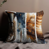 Unique Artistic Throw Pillow, Jazz Trumpet Design, Urban Music and Architecture, Decorative Cushion for Music Lovers