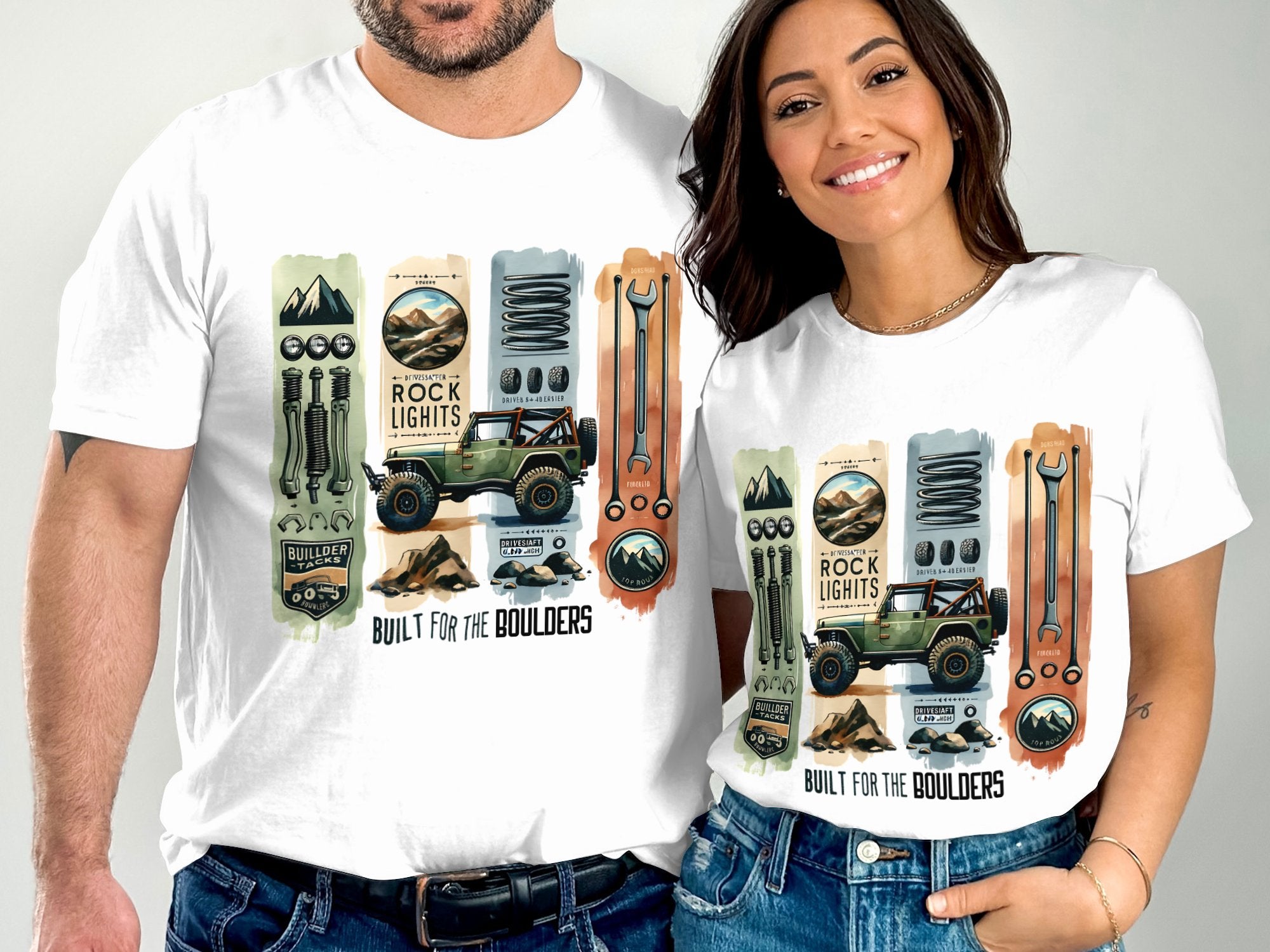 Off-Road Adventure T-Shirts, Couples Matching Graphic Tees, Rock Lights and Tools Design, Outdoor Enthusiast Apparel, Gift for Jeep Lovers