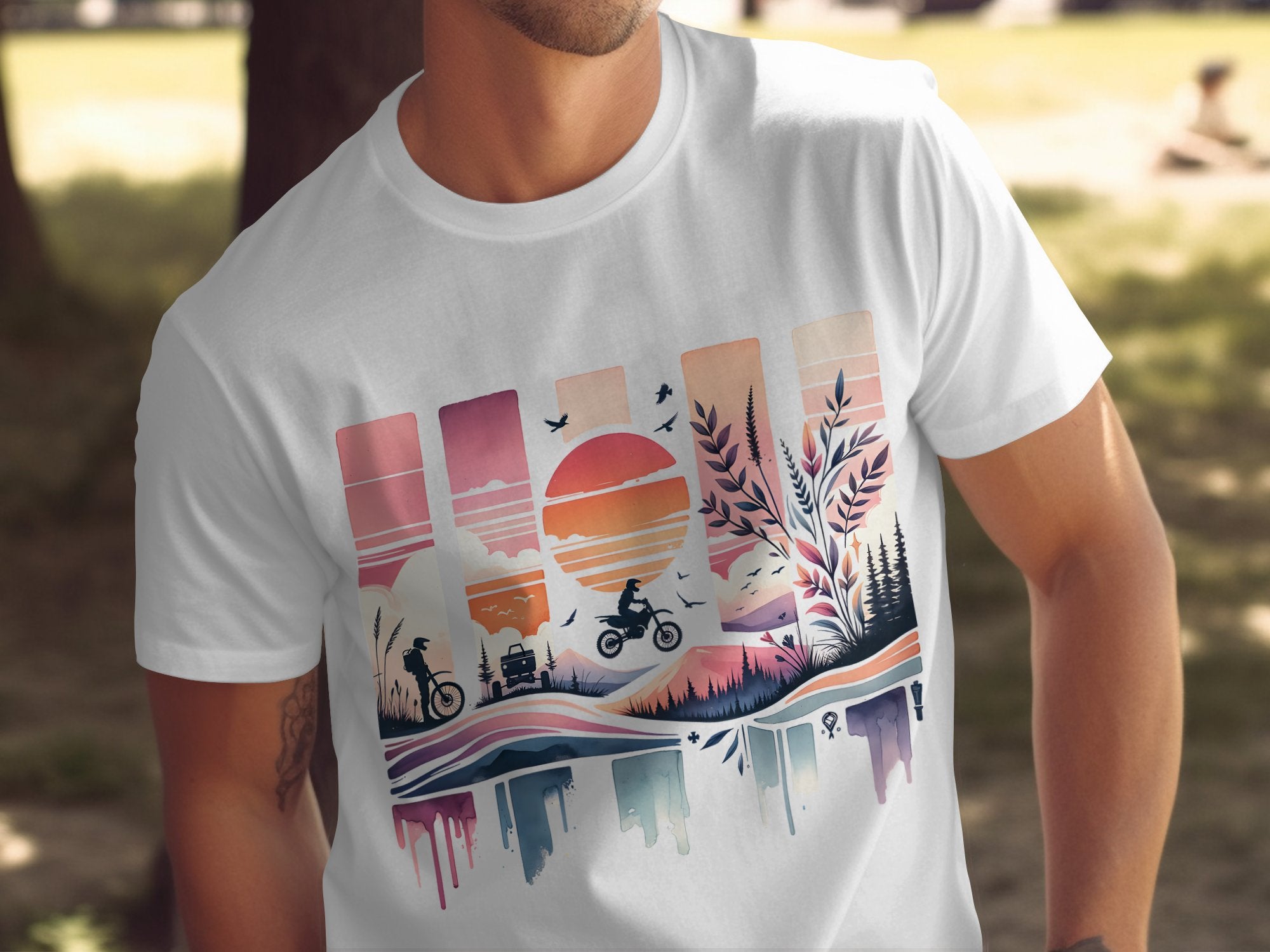 Men's Graphic T-Shirt with Colorful Nature and Bicycle Design, Casual Summer Tee, Artistic Outdoor Sunset Graphic Shirt