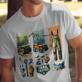 Men's Outdoor Adventure T-Shirt, Vintage Jeep and Camping Gear Graphic Tee, Trail Tested, Unique Gift for Hikers and Campers