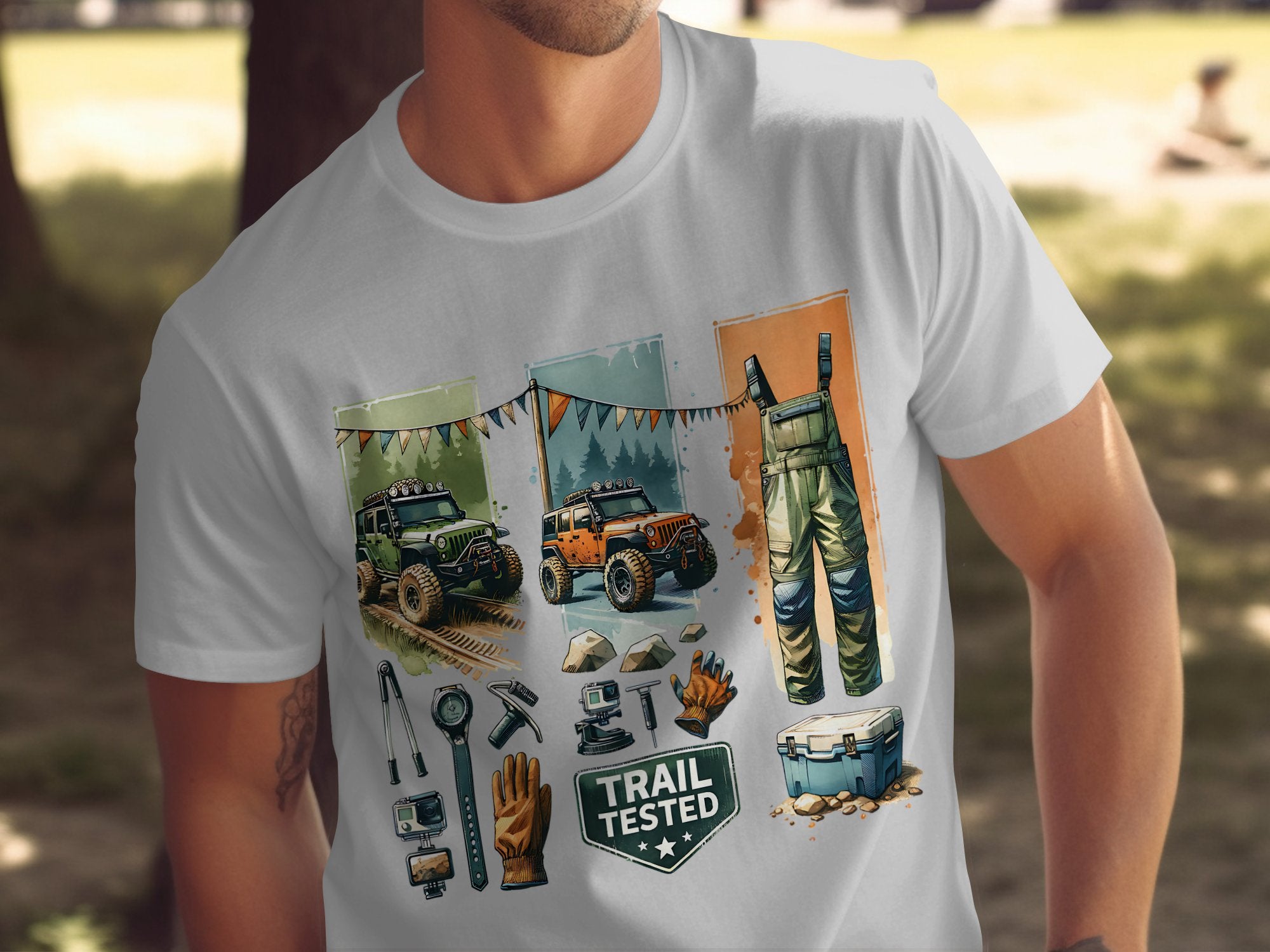 Men's Outdoor Adventure T-Shirt, Vintage Jeep and Camping Gear Graphic Tee, Trail Tested, Unique Gift for Hikers and Campers