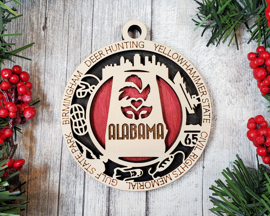 Alabama State Ornament – 3.25” Round Laser Cut Christmas Decoration | Yellowhammer State Gift for Southerners, Travelers & Civil Rights History Lovers