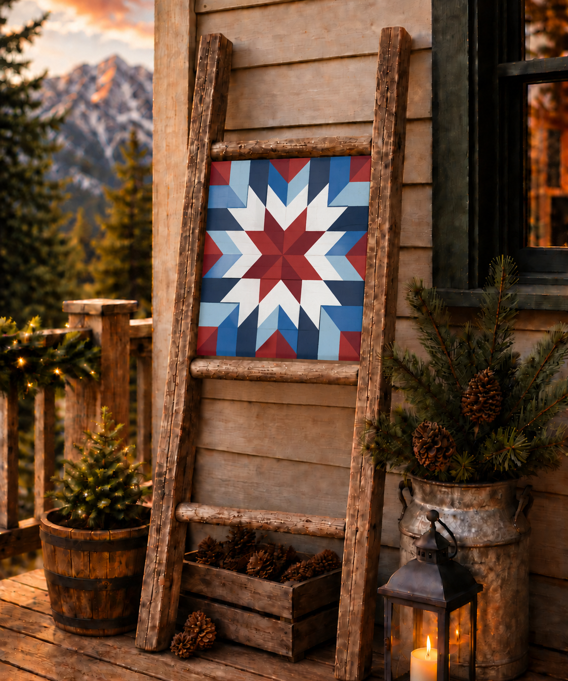 American Heritage patriotic barn quilt pattern featuring a geometric red white and blue star design for DIY painted barn quilts, Americana wall decor, farmhouse signs and patriotic home decor.
