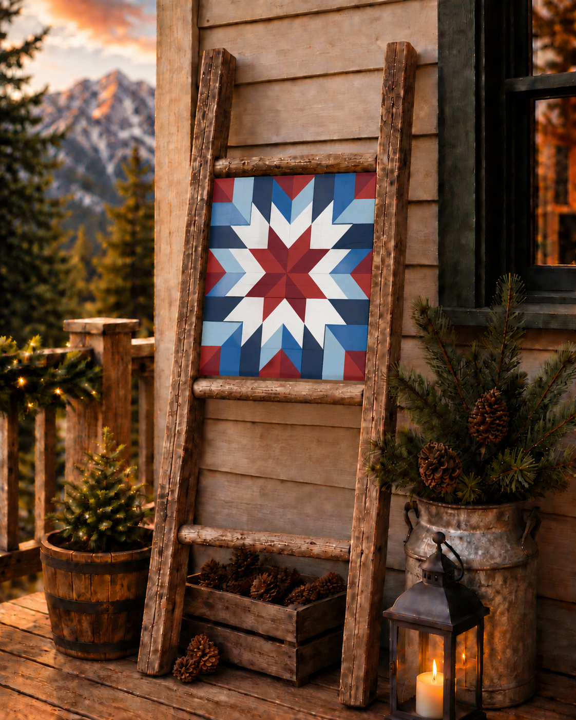 American Heritage patriotic barn quilt pattern featuring a geometric red white and blue star design for DIY painted barn quilts, Americana wall decor, farmhouse signs and patriotic home decor.
