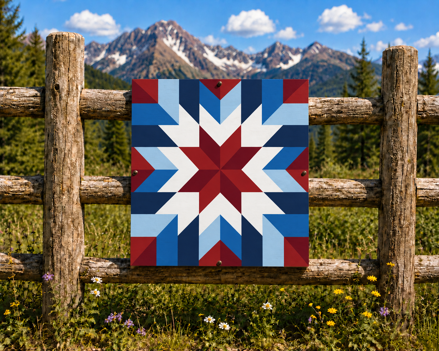American Heritage patriotic printed barn quilt pattern featuring a geometric red white and blue star design for DIY painted barn quilts, Americana wood signs, farmhouse wall decor and patriotic home projects.