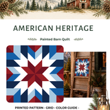 American Heritage patriotic printed barn quilt pattern featuring a geometric red white and blue star design for DIY painted barn quilts, Americana wood signs, farmhouse wall decor and patriotic home projects.