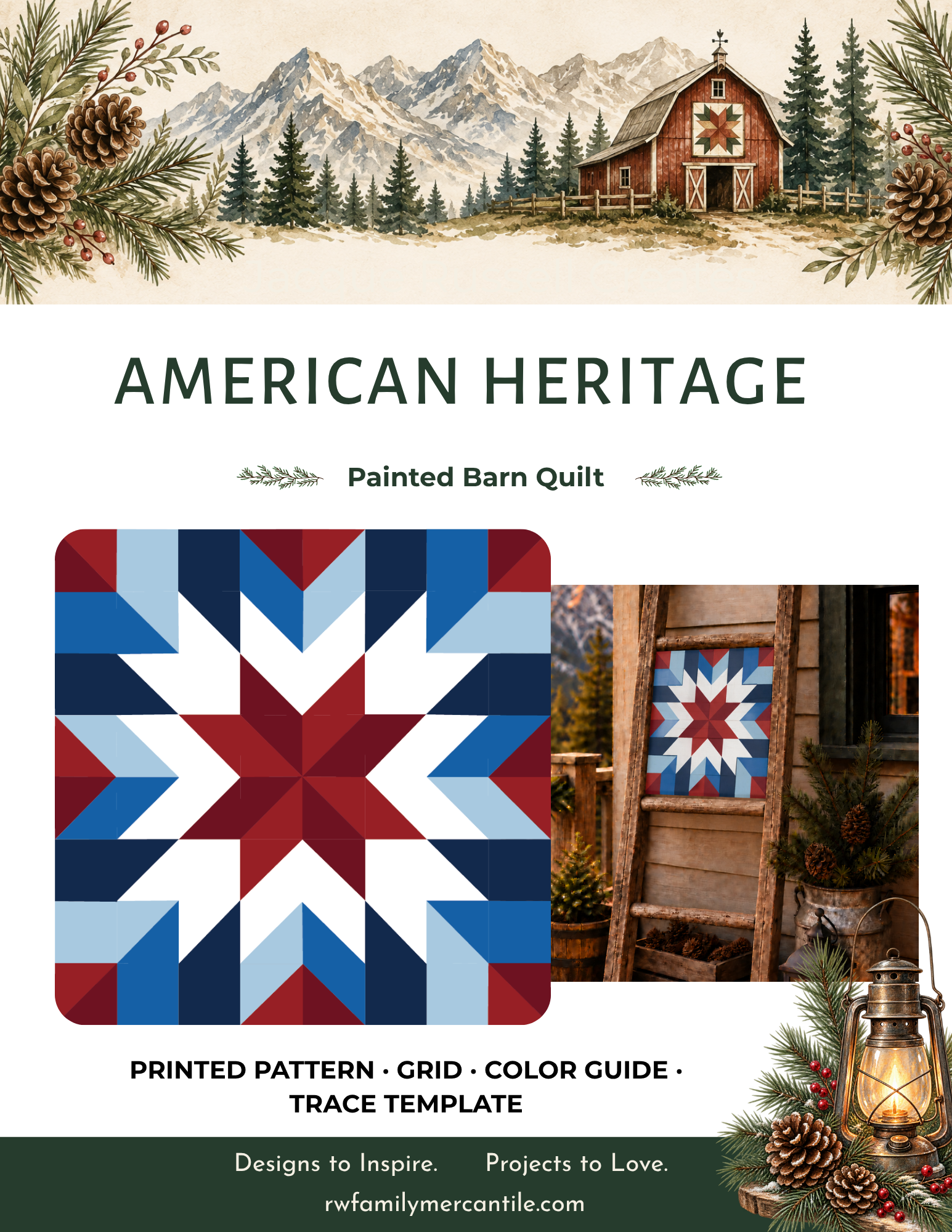 American Heritage patriotic printed barn quilt pattern featuring a geometric red white and blue star design for DIY painted barn quilts, Americana wood signs, farmhouse wall decor and patriotic home projects.