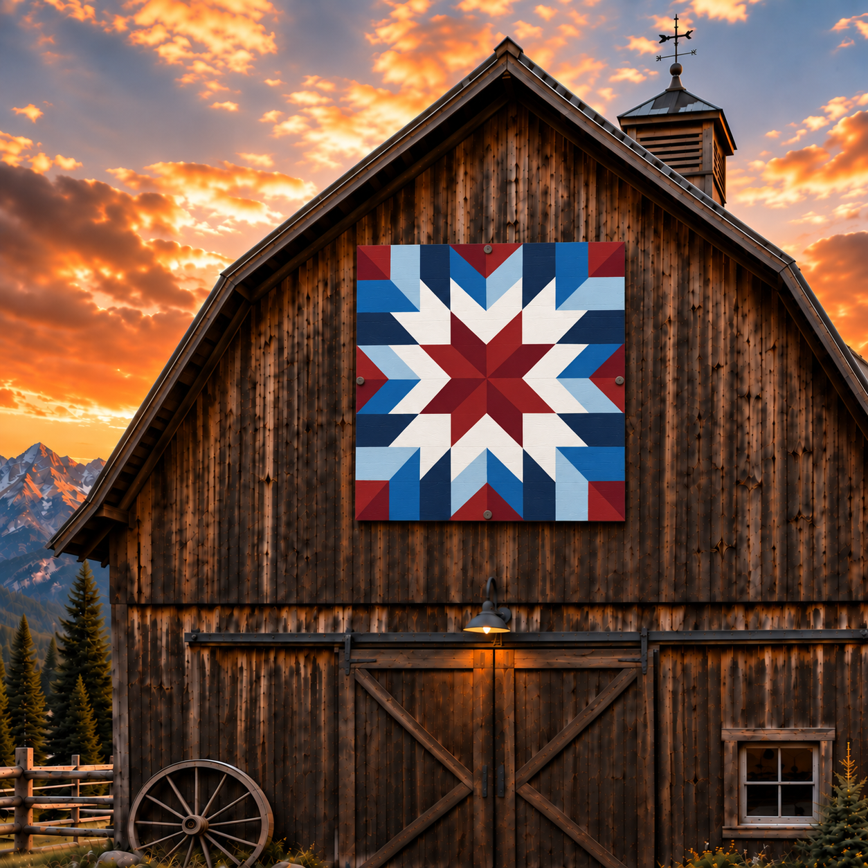 American Heritage patriotic printed barn quilt pattern featuring a geometric red white and blue star design for DIY painted barn quilts, Americana wood signs, farmhouse wall decor and patriotic home projects.