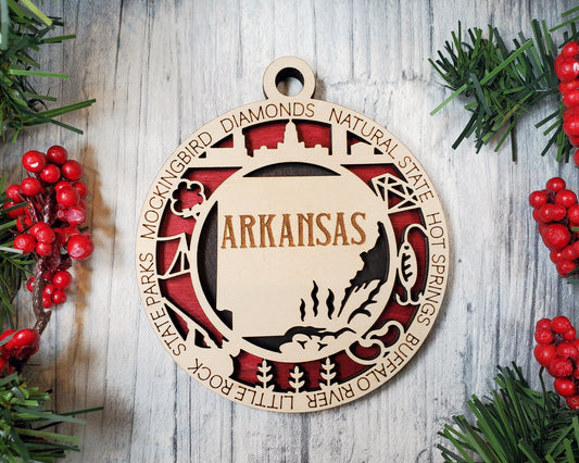 Arkansas State Ornament – 3.25” Round Laser Cut Wood Christmas Ornament | Natural State Travel Gift, Little Rock, Hot Springs & Nature Lover Keepsake