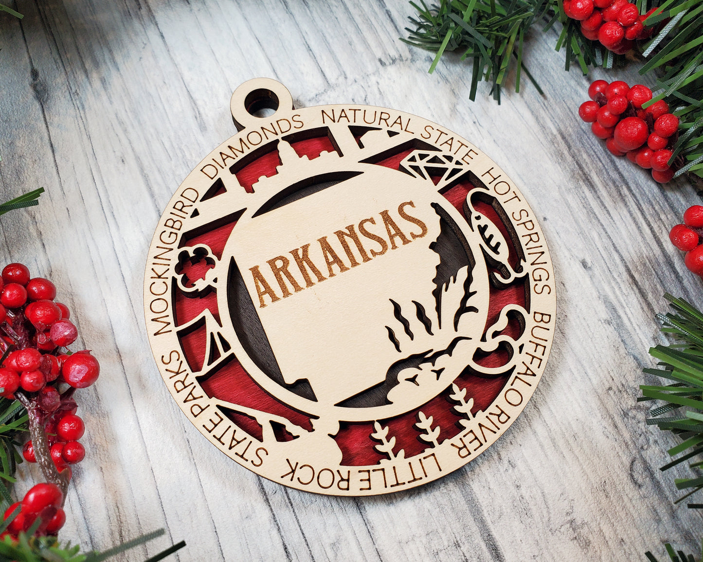 Arkansas State Ornament – 3.25” Round Laser Cut Wood Christmas Ornament | Natural State Travel Gift, Little Rock, Hot Springs & Nature Lover Keepsake