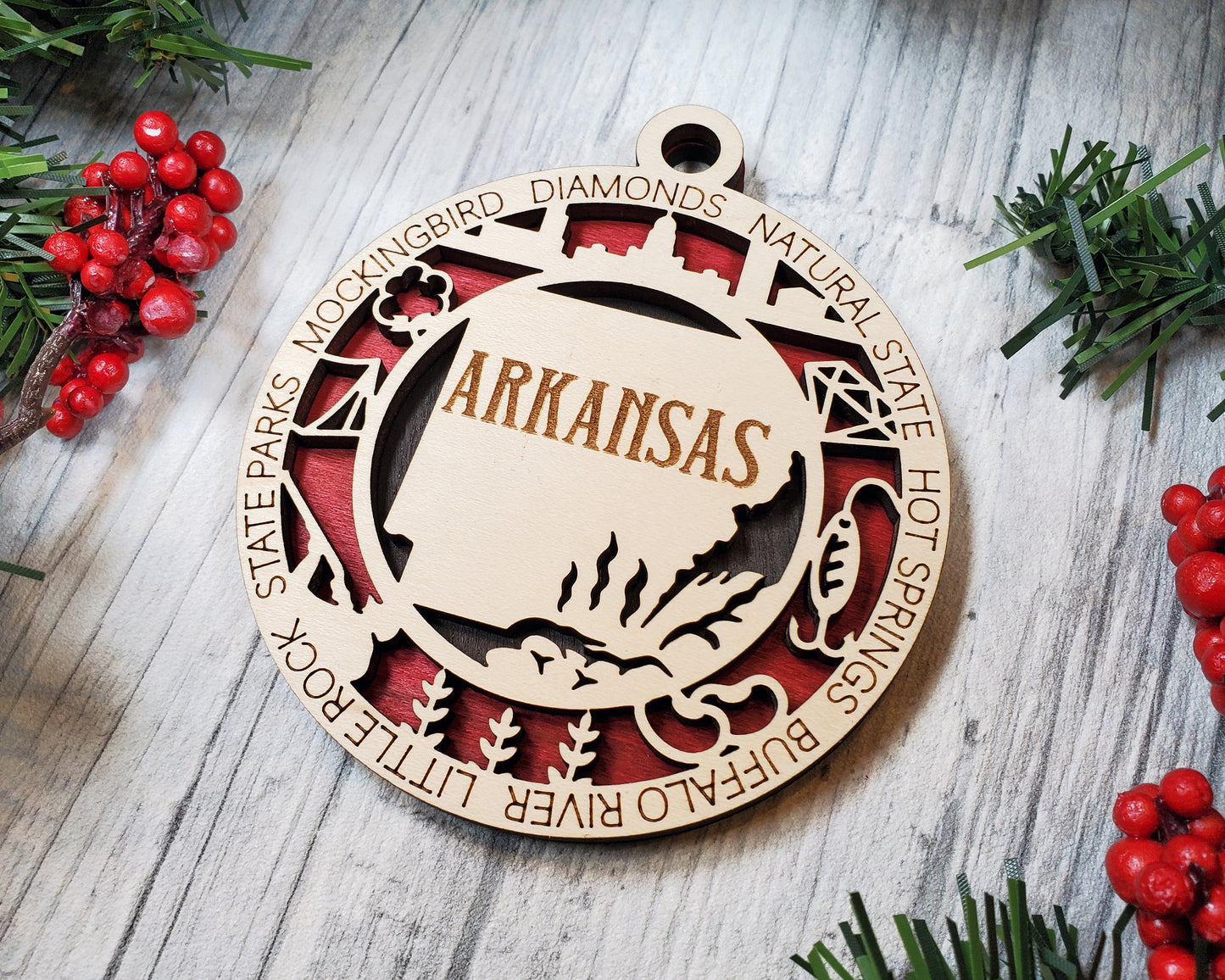 Arkansas State Ornament – 3.25” Round Laser Cut Wood Christmas Ornament | Natural State Travel Gift, Little Rock, Hot Springs & Nature Lover Keepsake