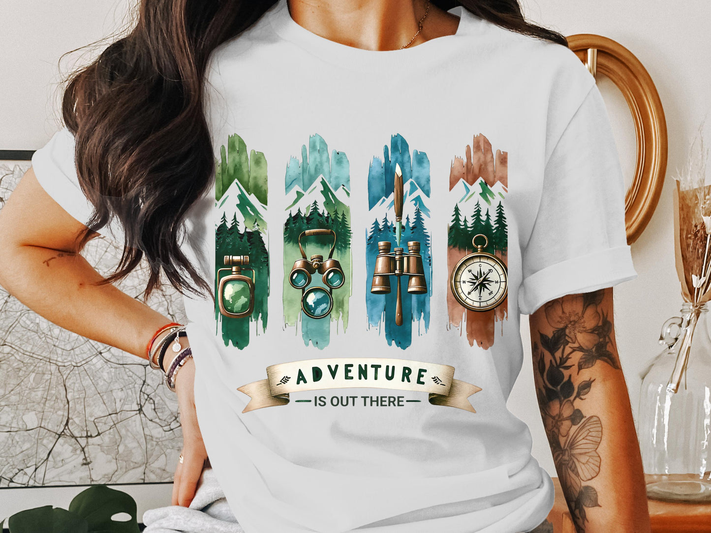 Adventure is Out There PNG, Watercolor Outdoor Brushstroke Design, Mountains Compass Trail Art, Hiking Sublimation Clipart