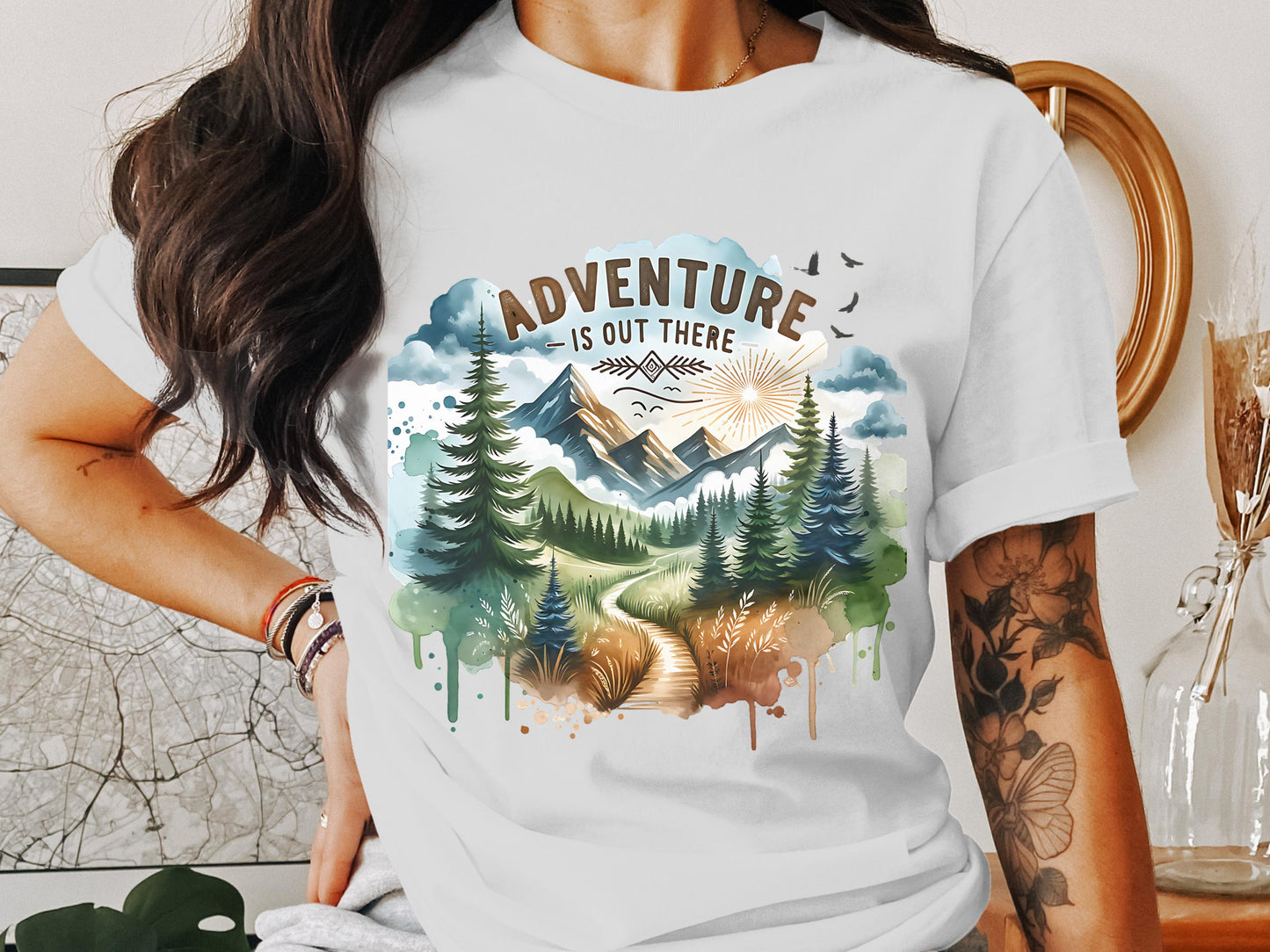 Adventure is Out There PNG, Watercolor Outdoor Brushstroke Design, Mountains Compass Trail Art, Hiking Sublimation Clipart