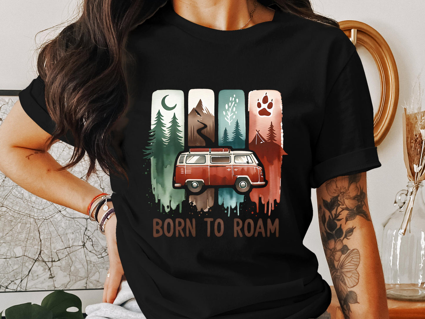 Born to Roam PNG, Watercolor Adventure Brushstroke Design, Vanlife Mountains Tent Clipart, Camping Sublimation Digital Download