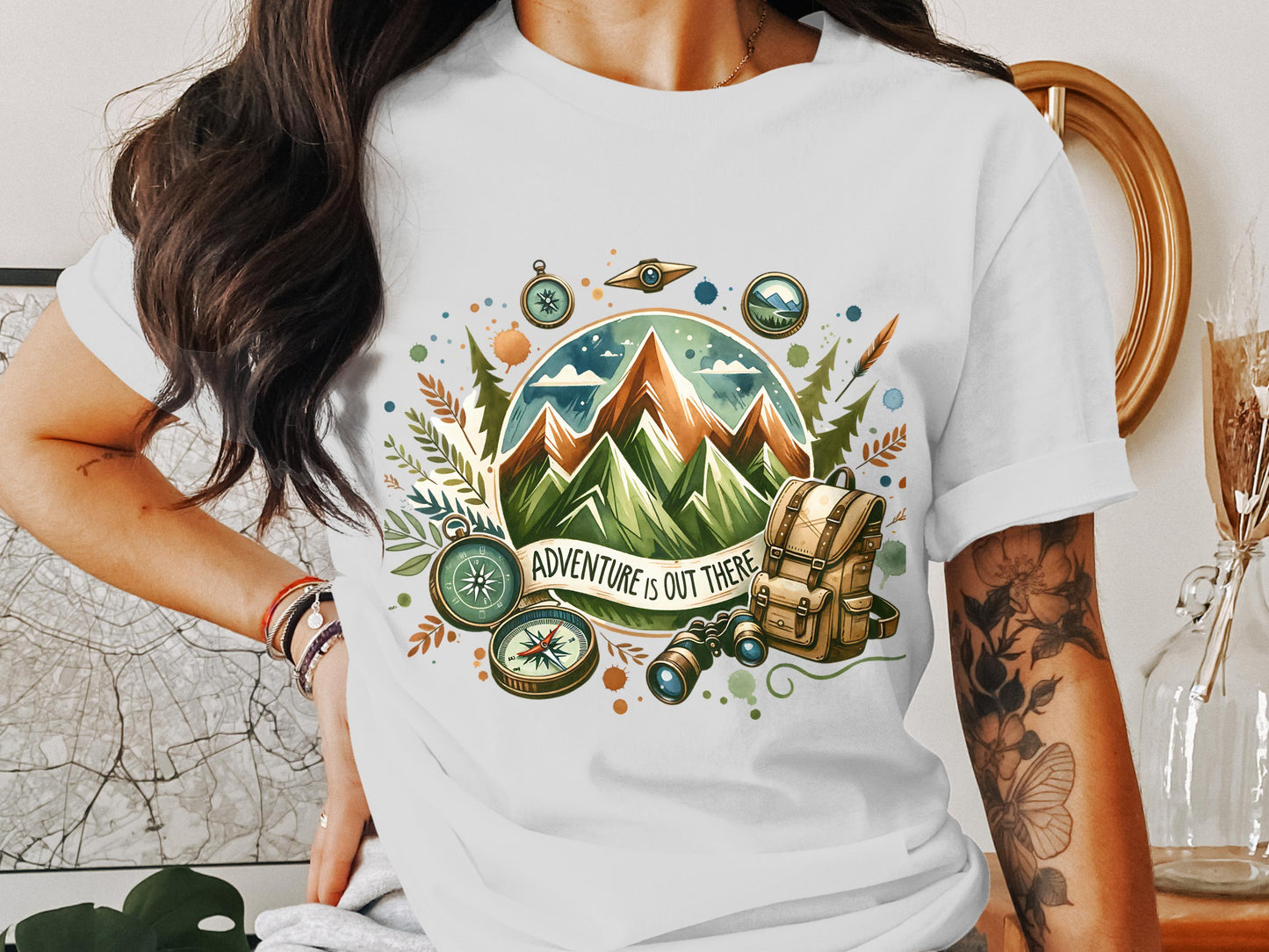 Adventure is Out There PNG, Watercolor Outdoor Brushstroke Design, Mountains Compass Trail Art, Hiking Sublimation Clipart