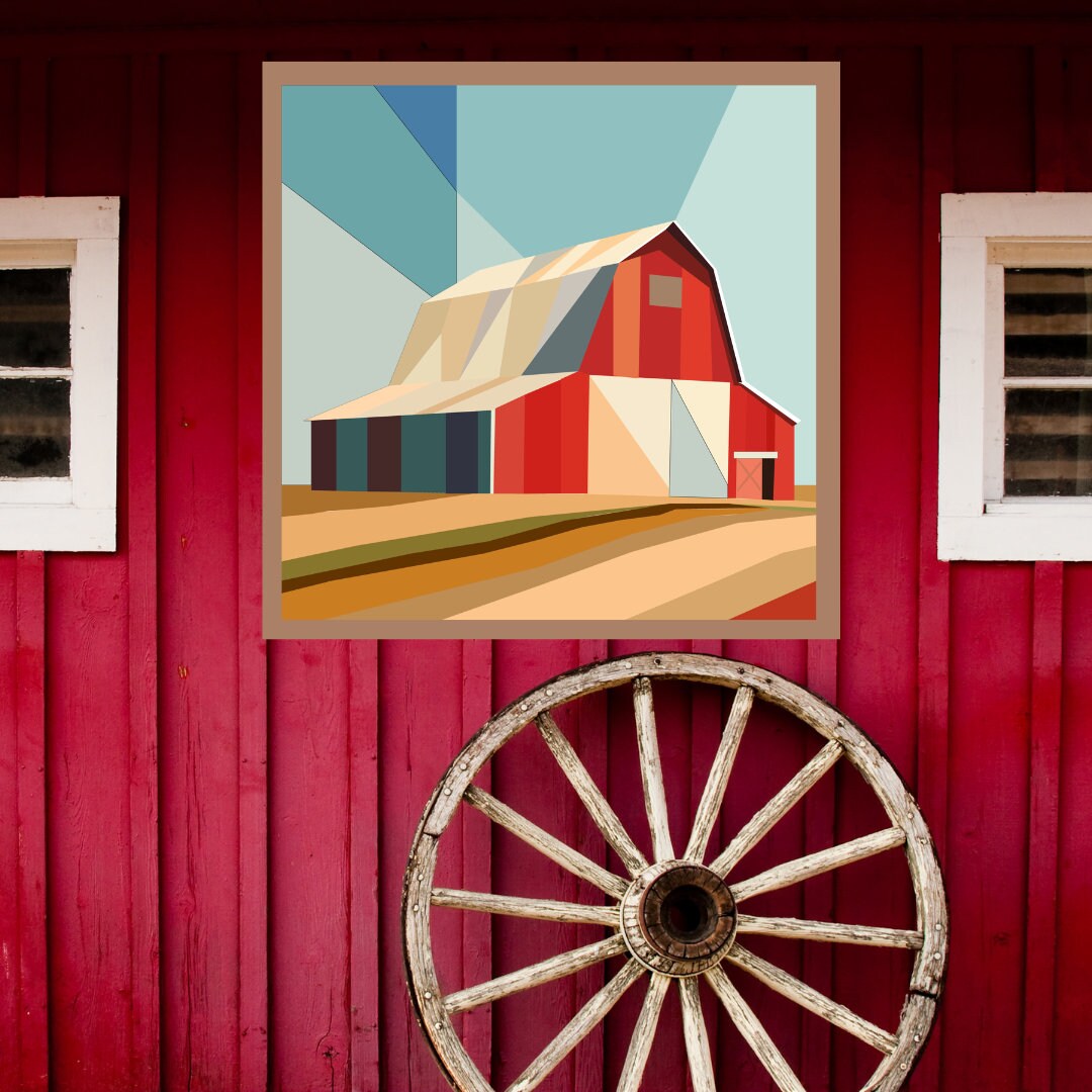 Barn Scene Barn Quilt Pattern displayed on a rustic red barn with a vintage wagon wheel, showing the finished painted barn quilt outdoors.