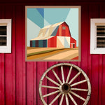 Barn Scene Barn Quilt Pattern displayed on a rustic red barn with a vintage wagon wheel, showing the finished painted barn quilt outdoors.