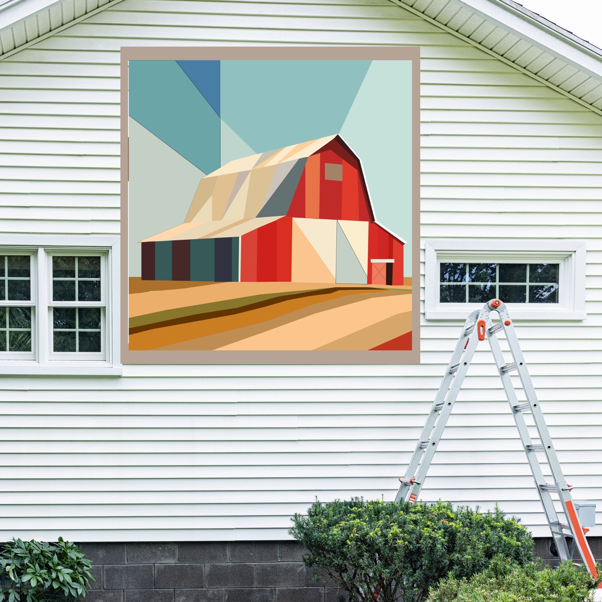 Barn Scene Barn Quilt Pattern displayed on the exterior of a farmhouse, illustrating how the finished painted quilt block looks on a home.