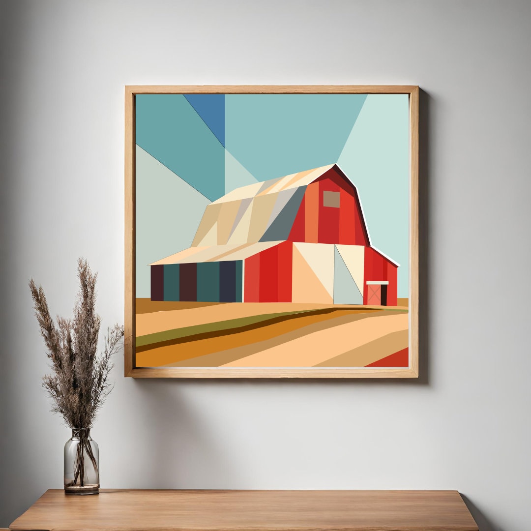 Barn Scene Barn Quilt Pattern displayed as framed farmhouse wall art in a modern living room. Printable digital download for DIY painted barn quilts.