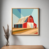 Barn Scene Barn Quilt Pattern displayed as framed farmhouse wall art in a modern living room. Printable digital download for DIY painted barn quilts.
