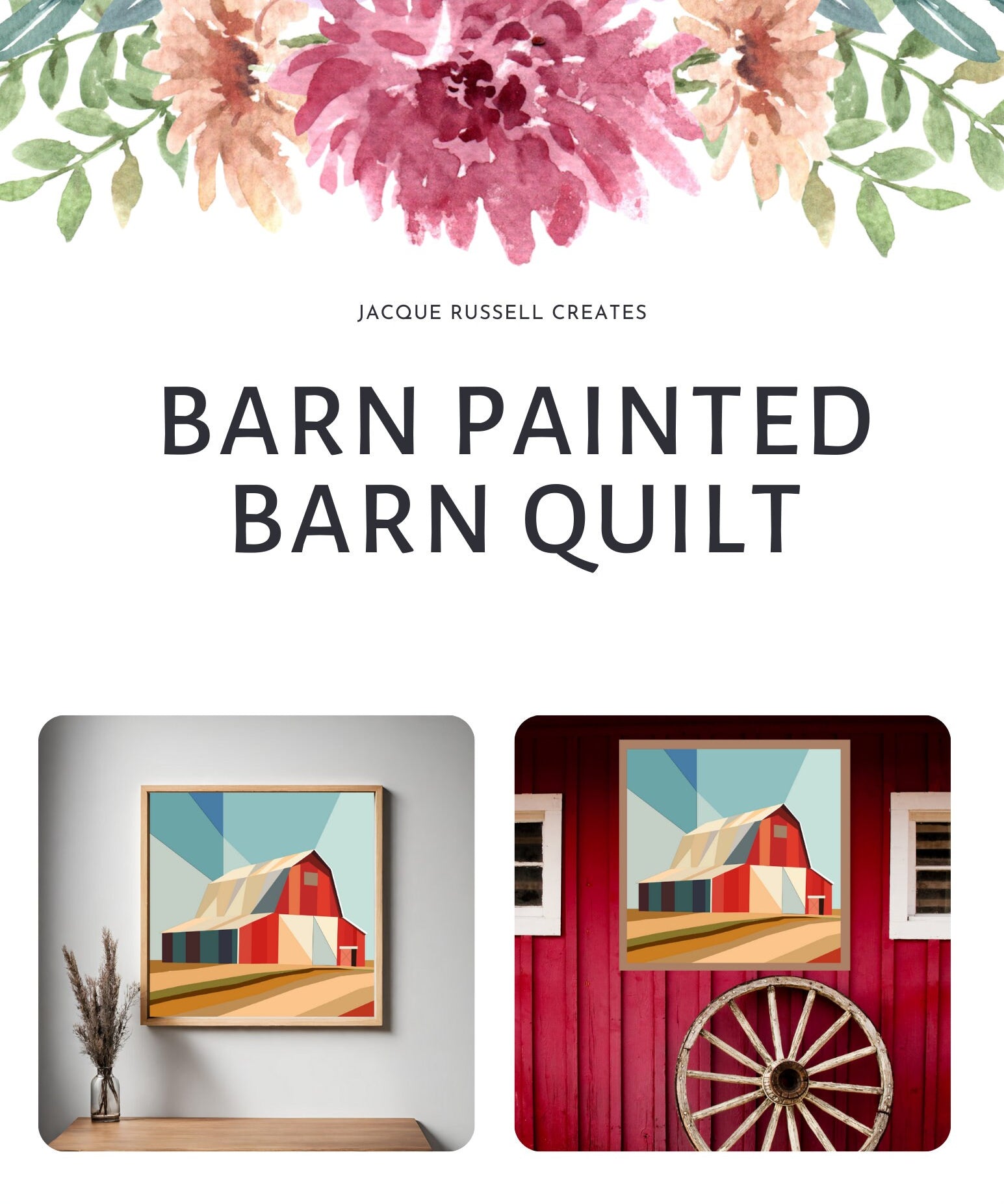 Printed Barn Scene Barn Quilt Pattern featuring a colorful quilt block design for DIY painted barn quilt projects.