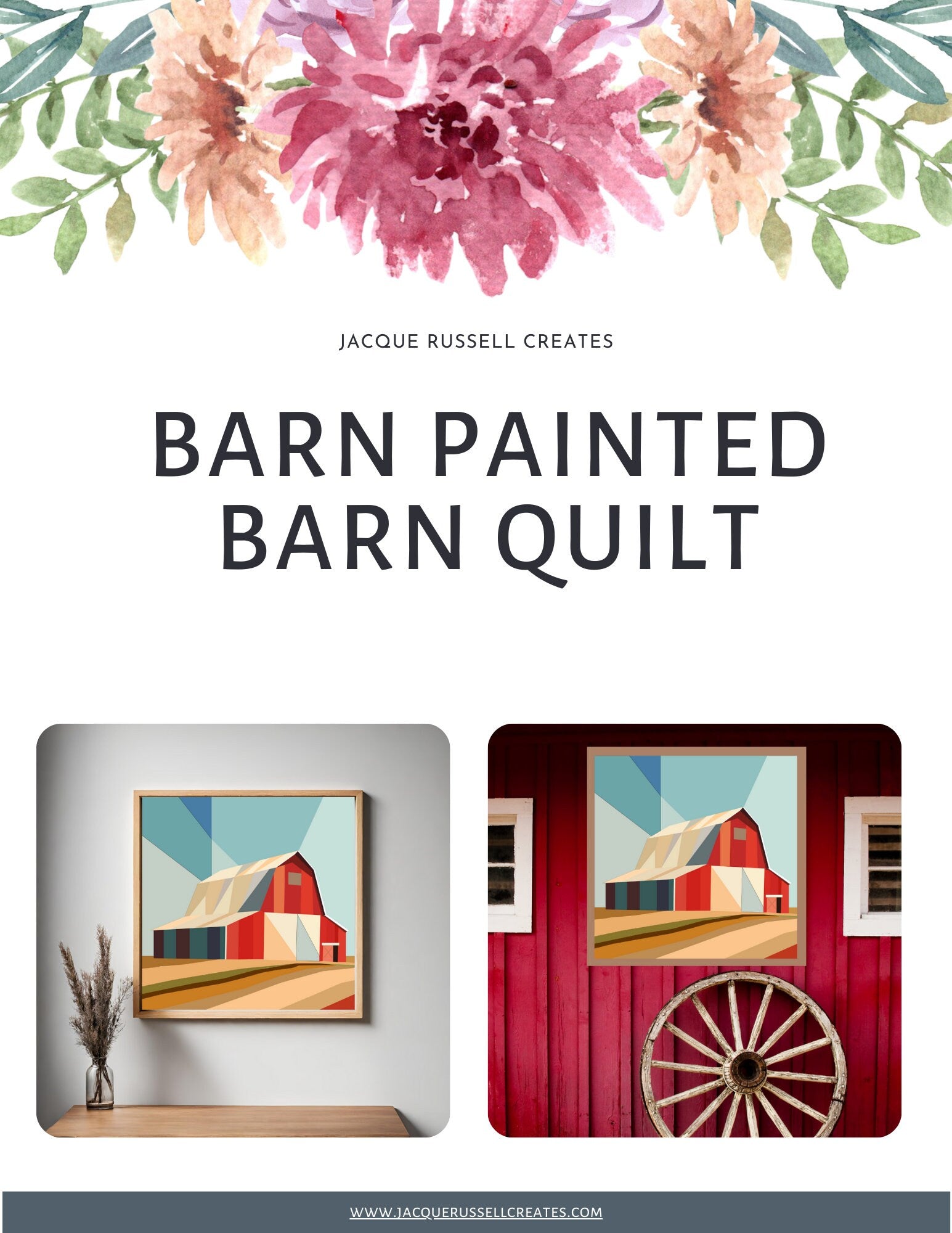 Printed Barn Scene Barn Quilt Pattern featuring a colorful quilt block design for DIY painted barn quilt projects.