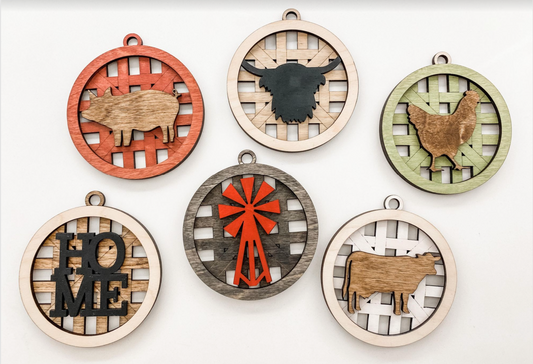 Farmhouse Christmas Ornament Set – Basket Weave Wood Ornaments (Set of 6) – Rustic Farm Animal & Windmill Tree Decorations – Pig, Cow, Chicken, Highland, Windmill, HOME