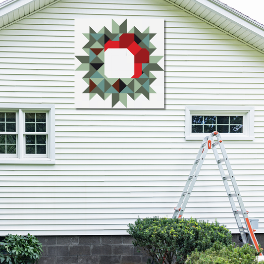 Wreath with Bow Barn Quilt Pattern – Digital Holiday Quilt Block | 12", 24", 48" Sizes + Instructions, Grid PNG & Color Chart