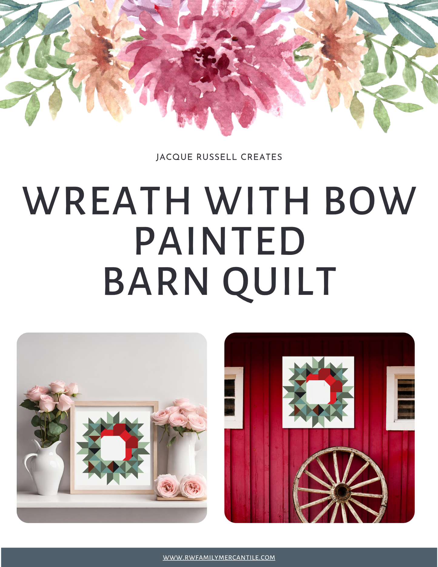 Wreath with Bow Barn Quilt Pattern – Digital Holiday Quilt Block | 12", 24", 48" Sizes + Instructions, Grid PNG & Color Chart