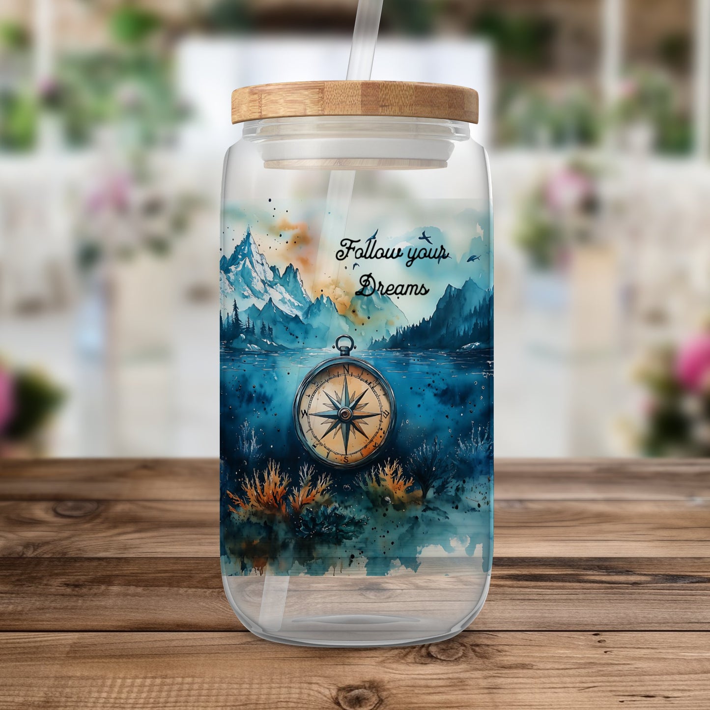 Compass with Mountains Range Tumbler Wrap, Adventure Follow Your Dreams 20oz Sublimation Tumbler Design, Travel Nautical Wanderlust Instant Download PNG